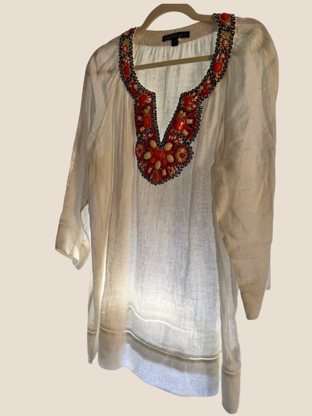 Lafayette White Linen Embellished Tunic Blouse